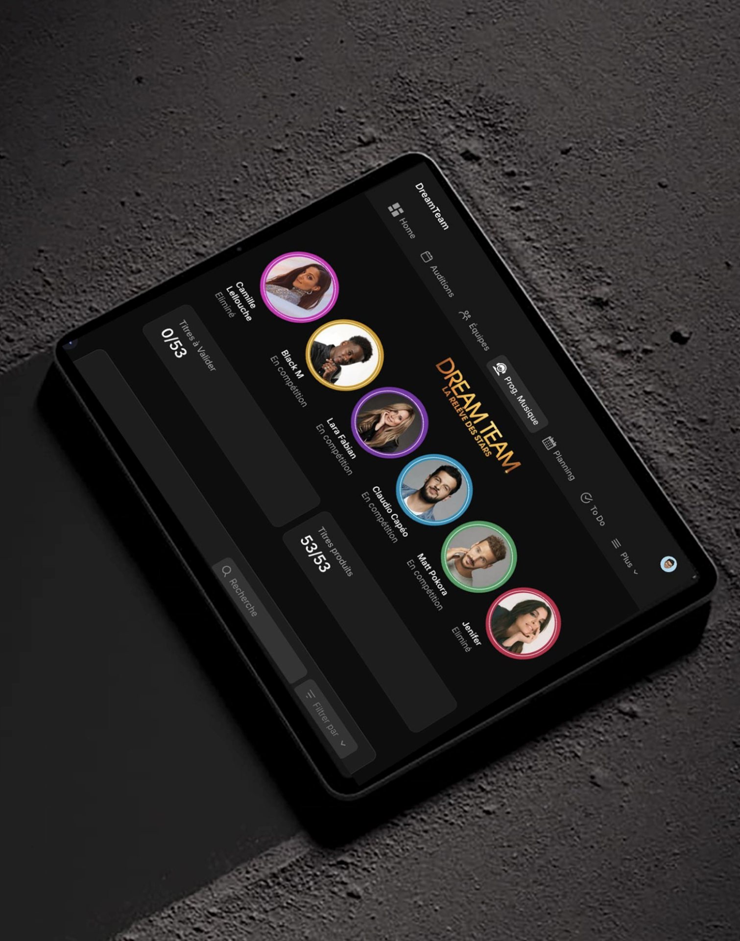 Interface de l'outil Dreamteam, suivi des titres par artiste